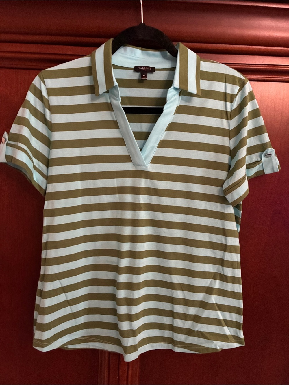 Talbots Olive and Mint Striped V‑Neck Polo